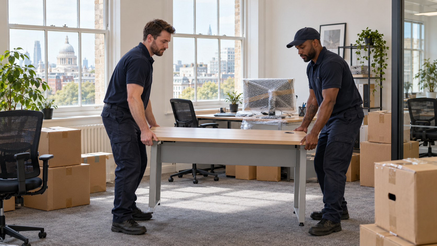 Two movers carrying a desk inside an office with packed boxes and chairs