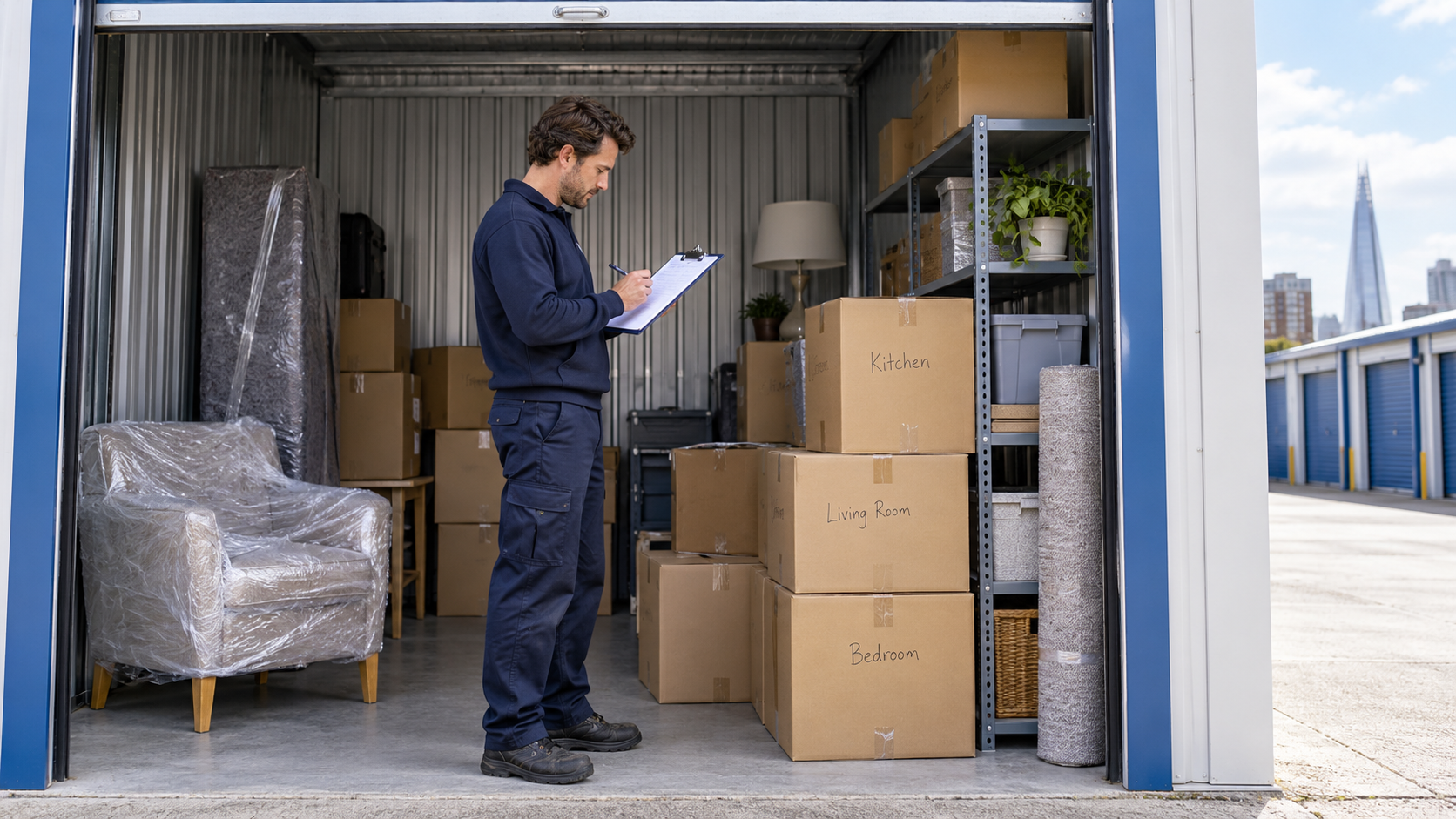 Person checking a clipboard inventory beside labelled boxes and protected furniture in a storage unit